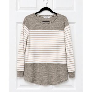 Vemvan Womens Small Colorblock Striped Long Sleeve Top Heathered Tan White S